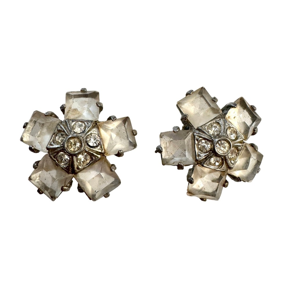 Vintage Flower Frosted Crystal Rhinestone Statement‎ Earrings Retro Glam Sparkly
